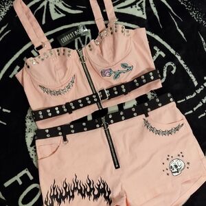 DOLLSKILL CURRENT MOOD XXL 2PIECE SHORT SHORTS/BRA PINK/TATTOO PATCHES